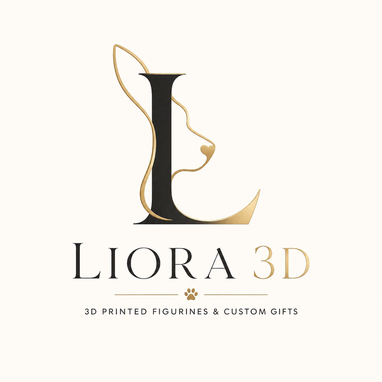 Logotipo da marca Liora 3D com tipografia elegante e silhueta felina dourada.